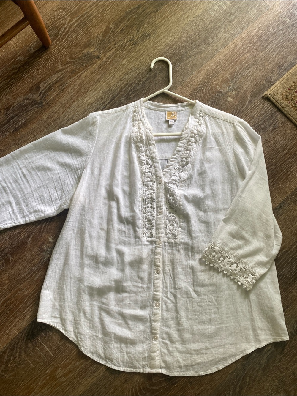 JM Collection White Embroidered Button-Down Peasant Top